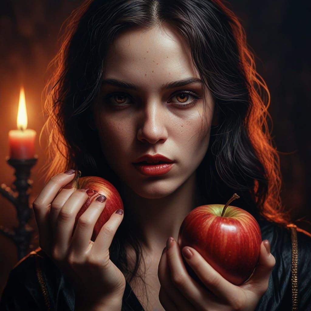 Woman with Deadly Apple in Dark Fantasy Oil Painting