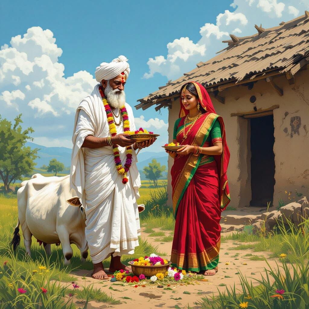 Indian Pandit and Wife with Cow: Fantasy Art