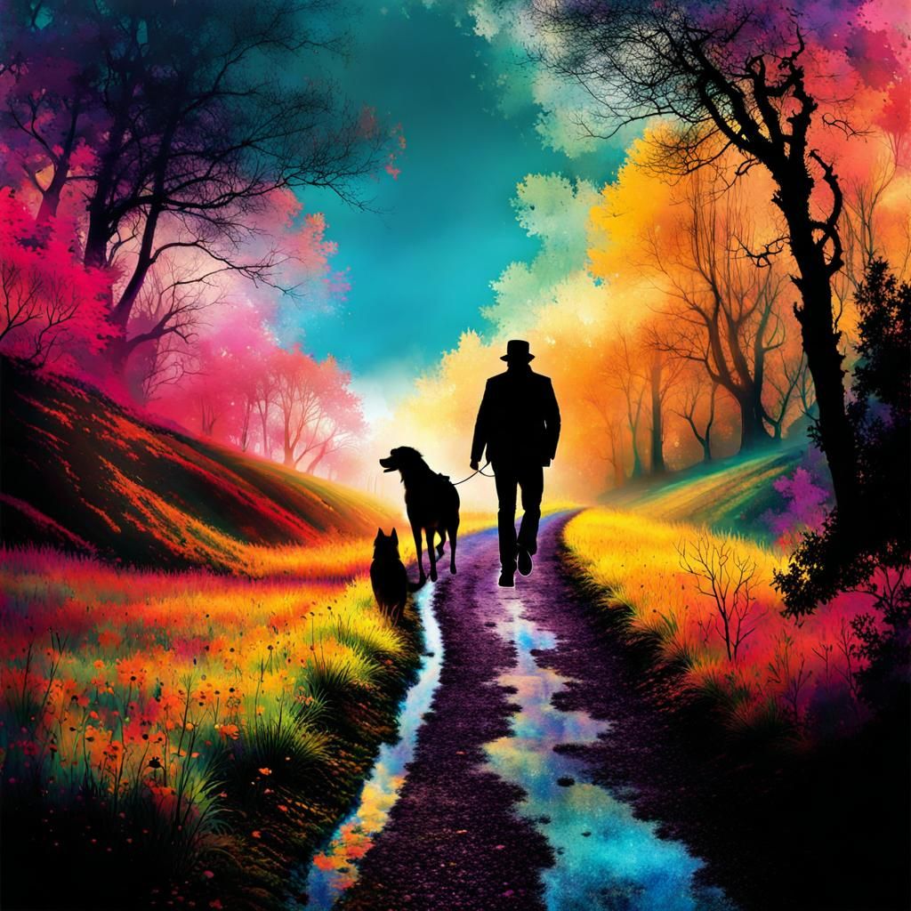 Magical Landscape with Man and Dog in Double Exposure