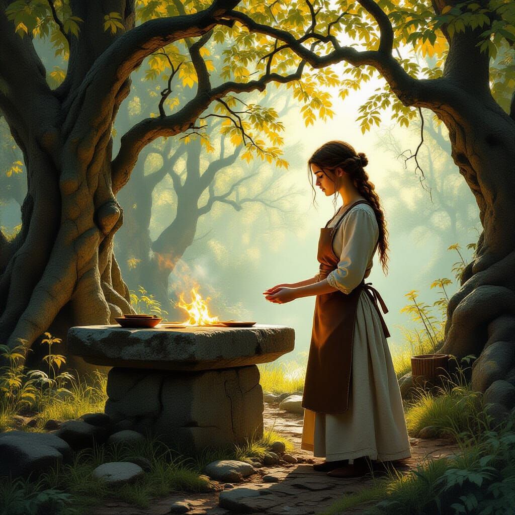 Celtic Woman at Forest Altar in Photorealistic Style