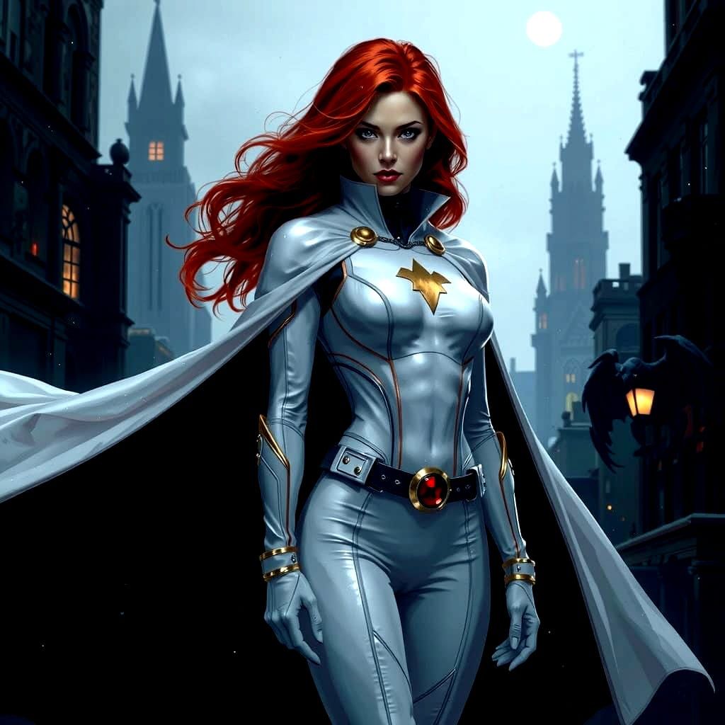Red-Haired Heroine Defiant Against Gothic Skyline in Noir St...