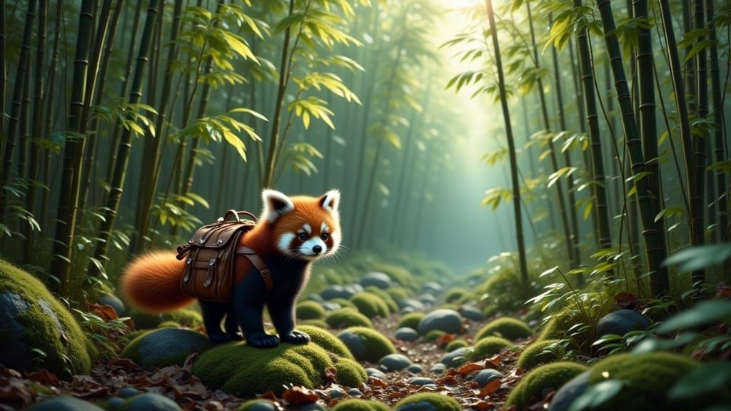 Red Panda Explorer in Mist-Shrouded Bamboo Jungle