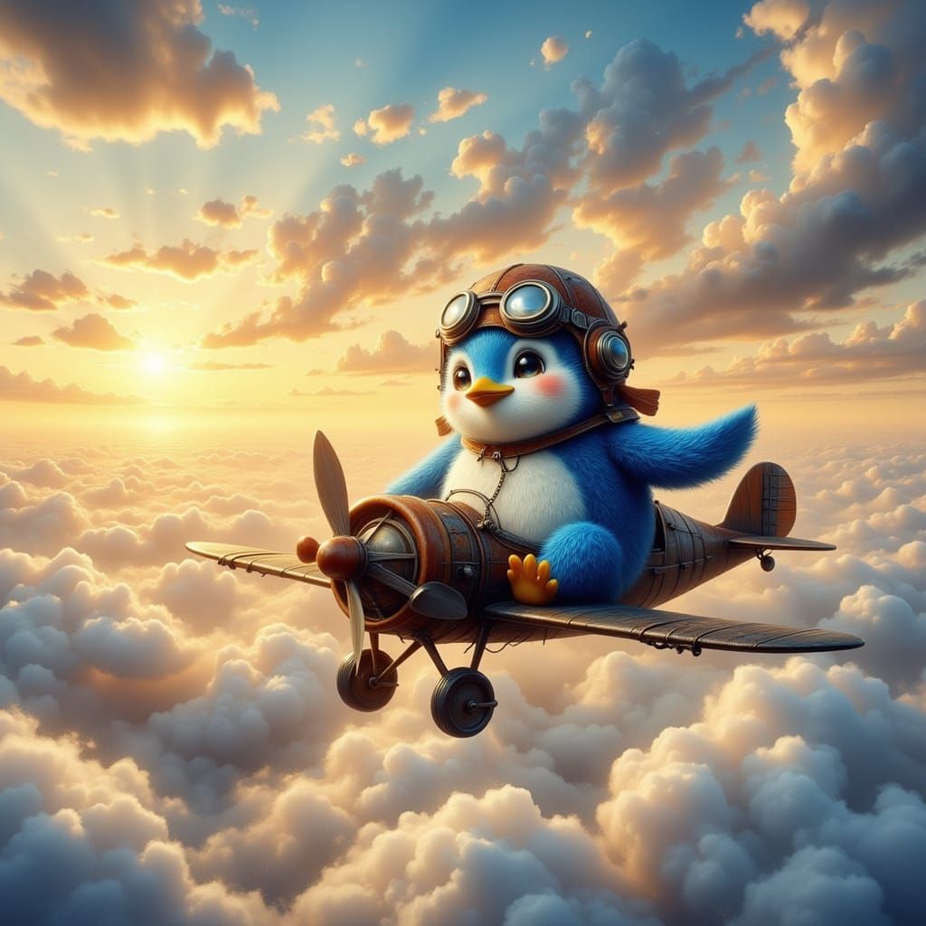 Blue Penguin Pilot Flying Biplane at Sunrise