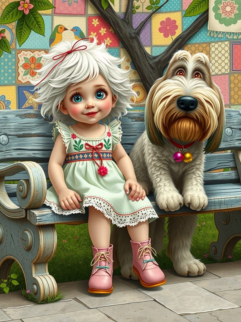 Girl and Dog on Bench in Dreamy Folk Art Style