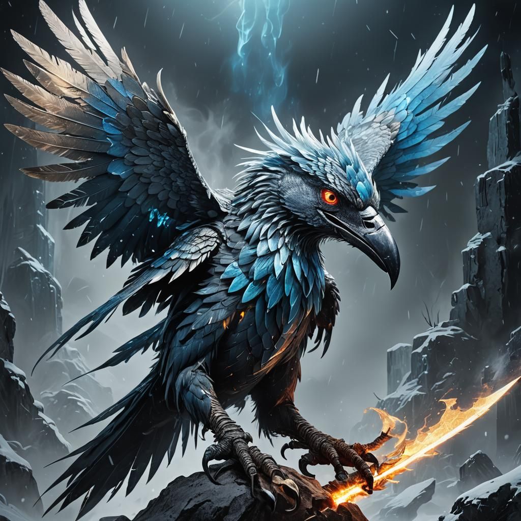 Monstrous Steel-Feathered Bird with Icy Blue Fire Eyes