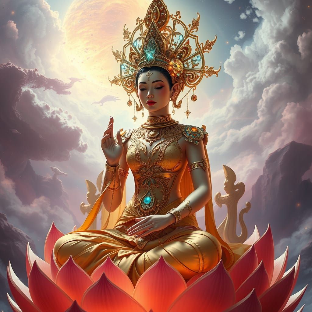 serene Khmer goddess on a lotus throne