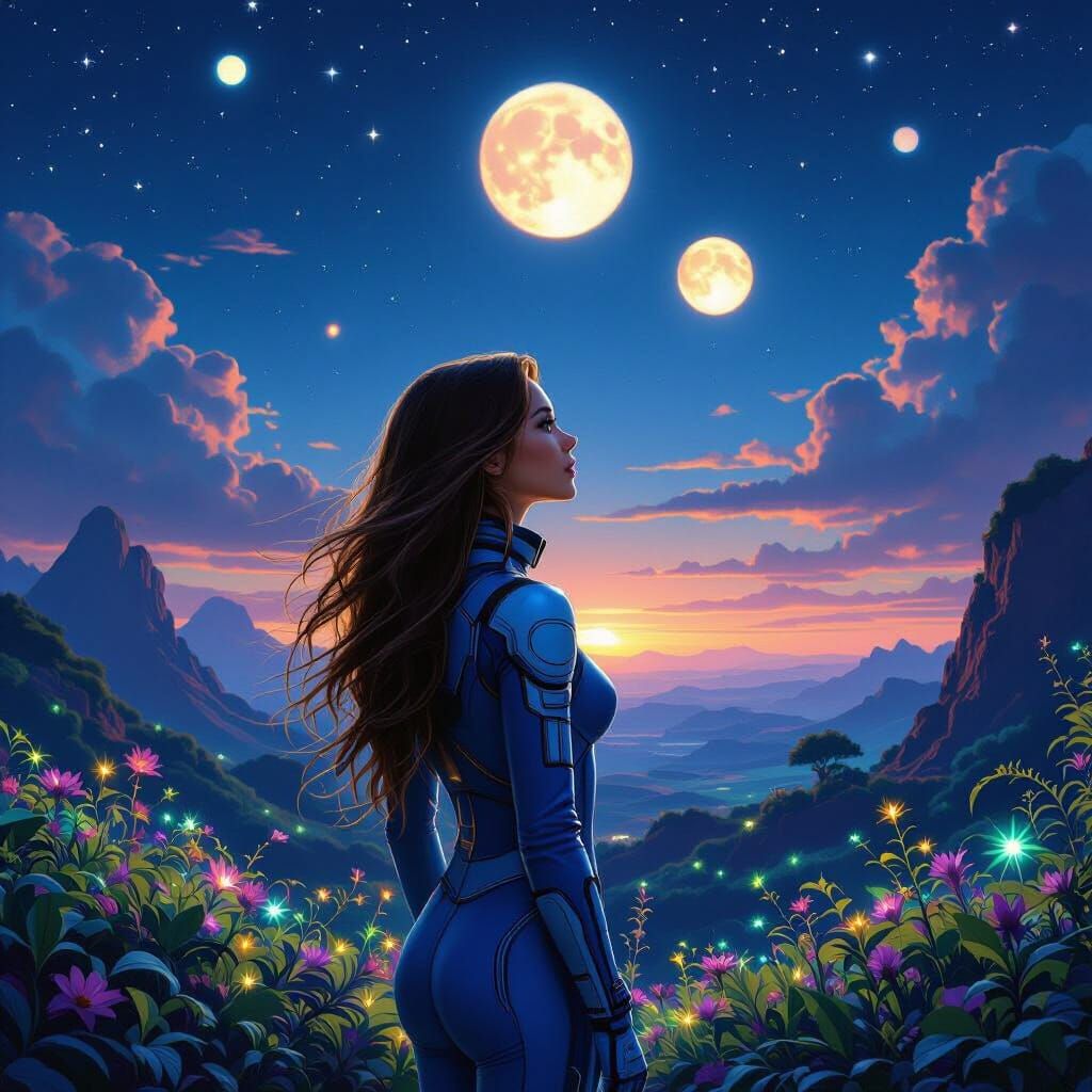 Woman on Alien Planet at Sunset in Frazetta Style