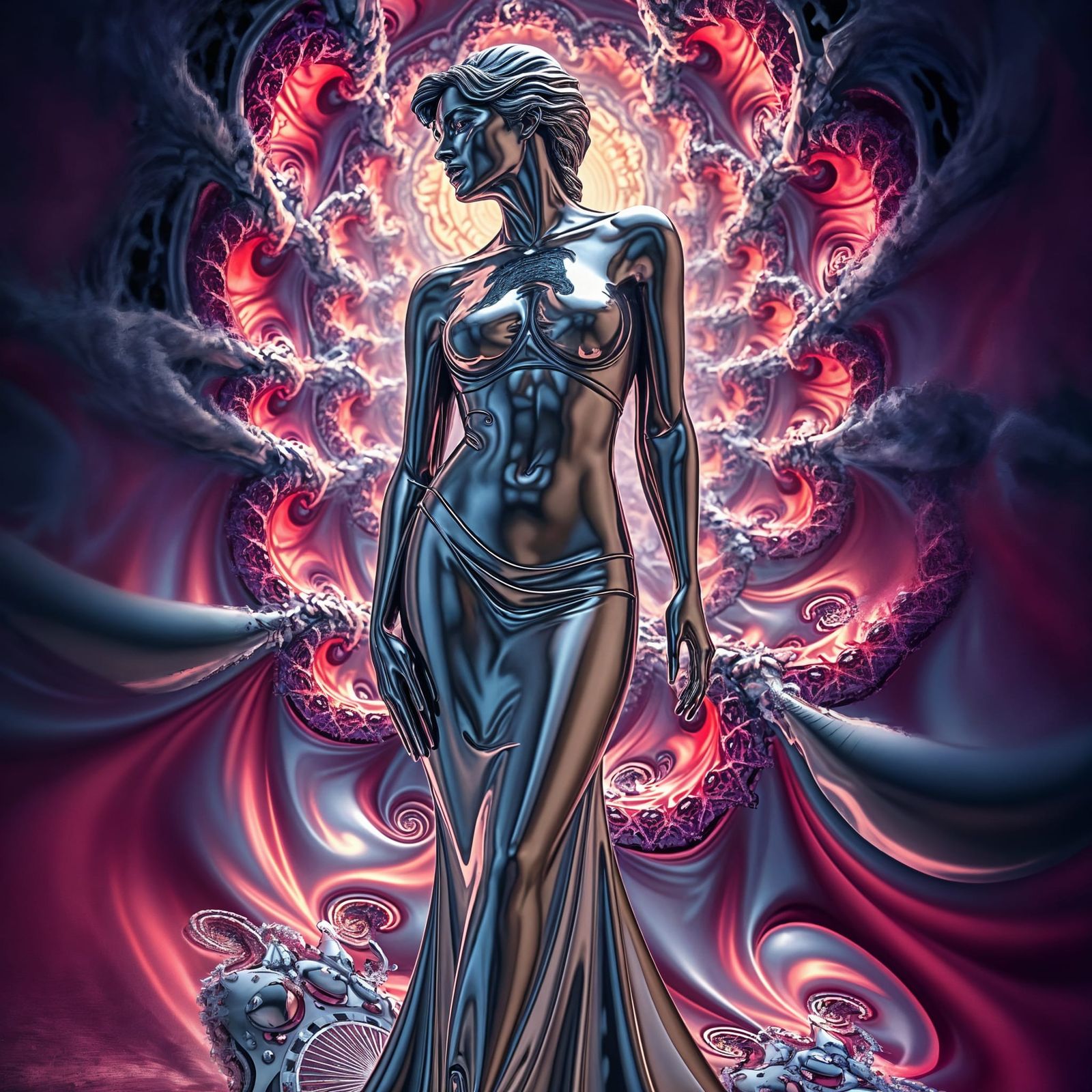 Sculpture of a Woman in Chrome with Intricate Fractal Patter...