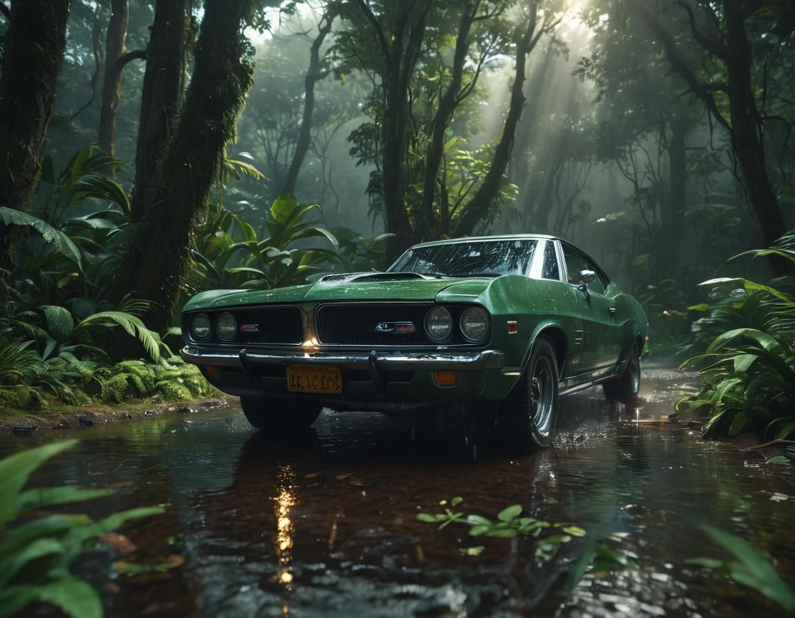 Muscle Car in Rainforest: Hyper-Realistic 3D Rendering