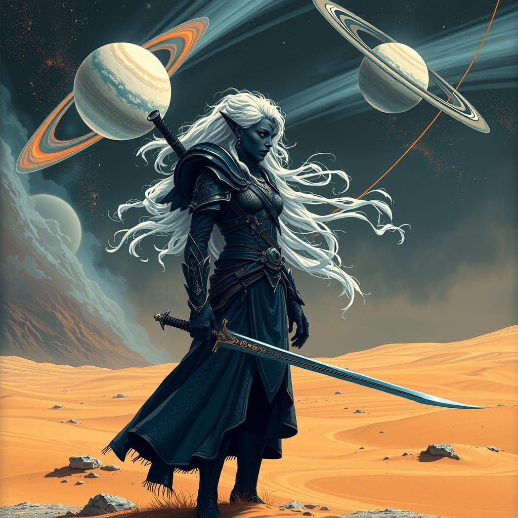 Dark Fantasy Drow Warrior in Alien Desert Landscape