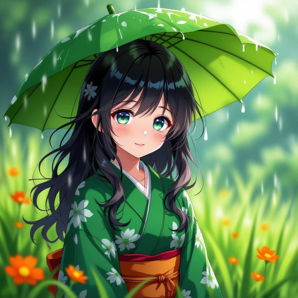 Anime Girl Sheltering Under Taro Leaf in Rain