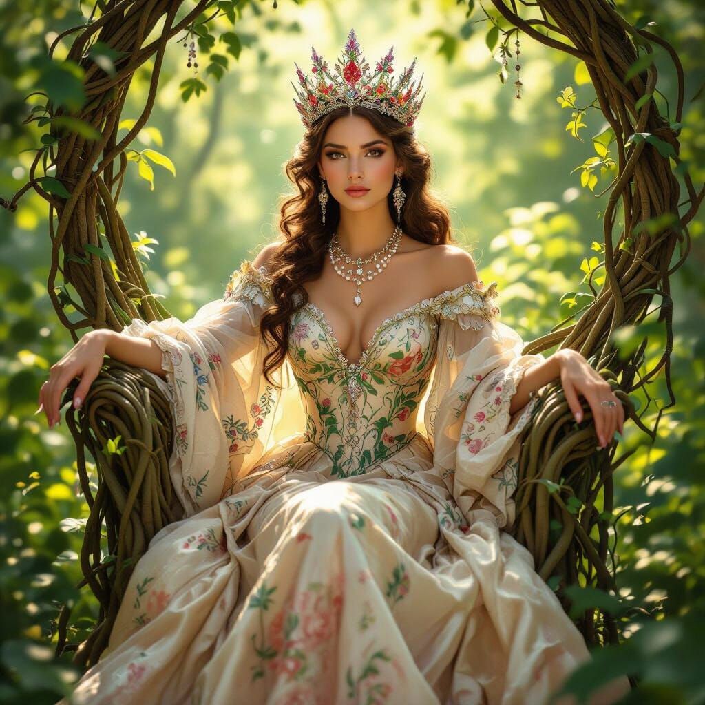 Regal Queen on a Throne in Art Nouveau Style