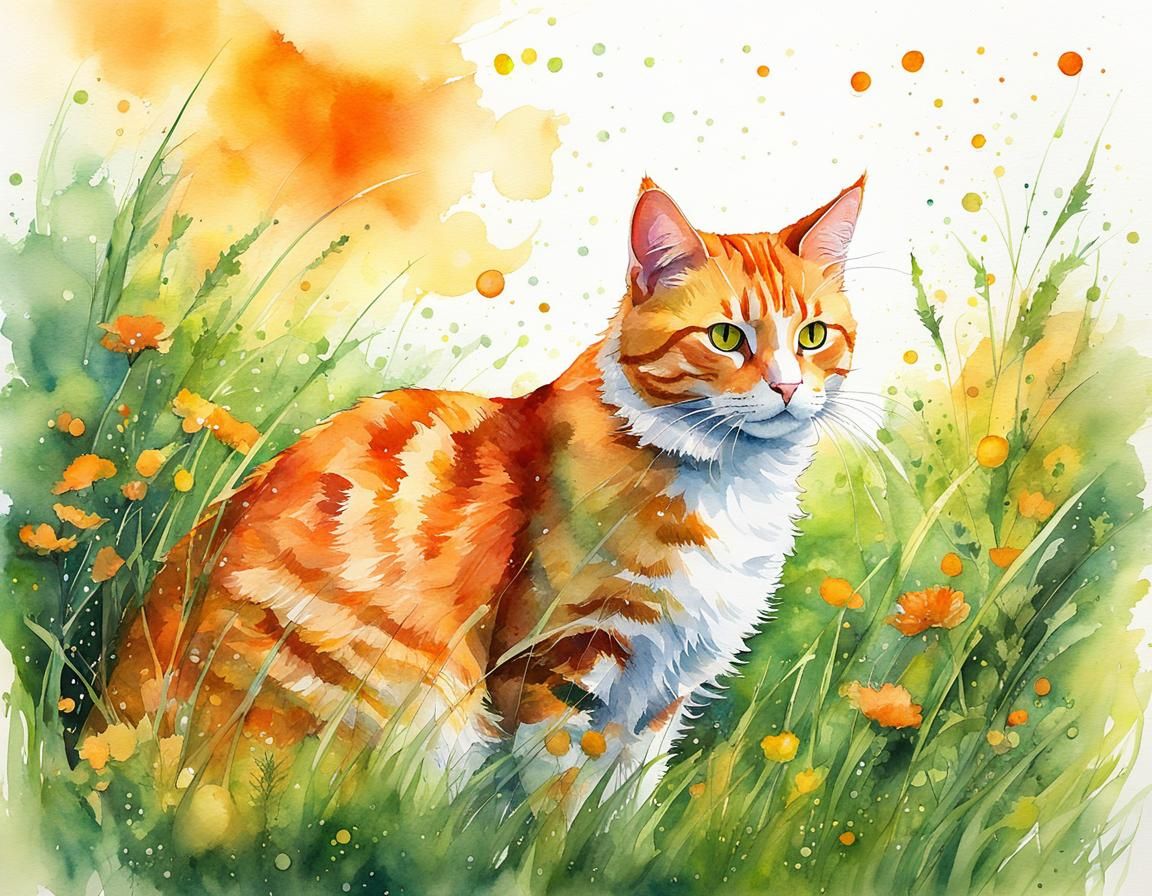 Orange Tabby Cat in Watercolor Field