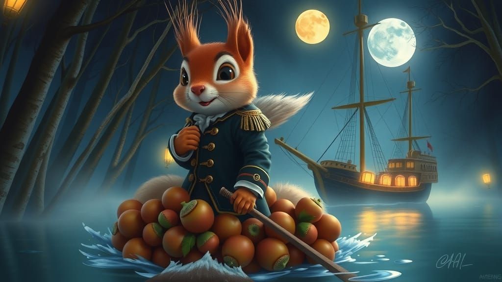 Surreal 18th-Century Squirrel Captain Embarks on Moonlit Voy...