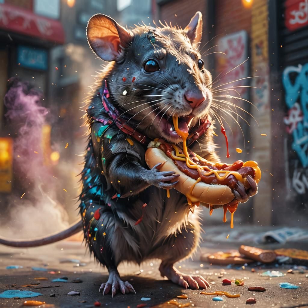 Rat eating a hot dog