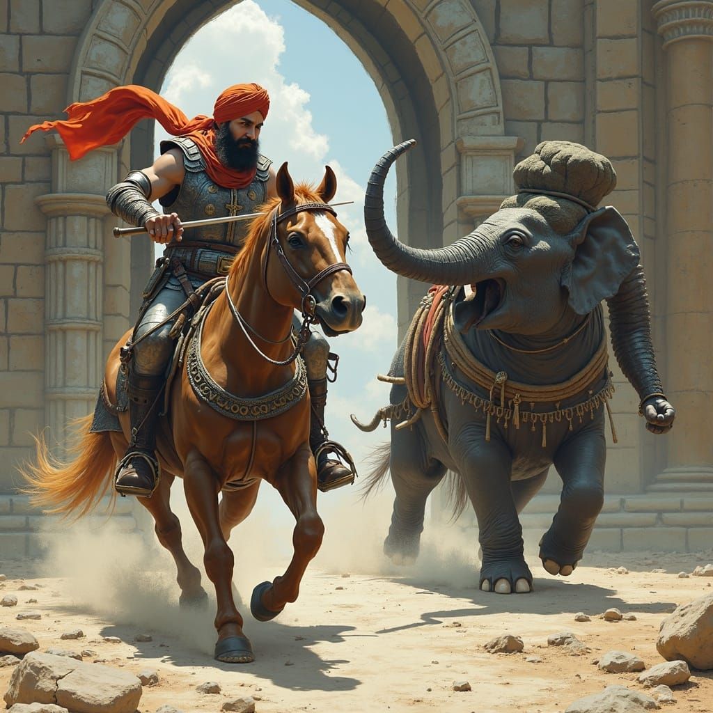 Sikh Warrior Battles Elephant in Dark Fantasy Style