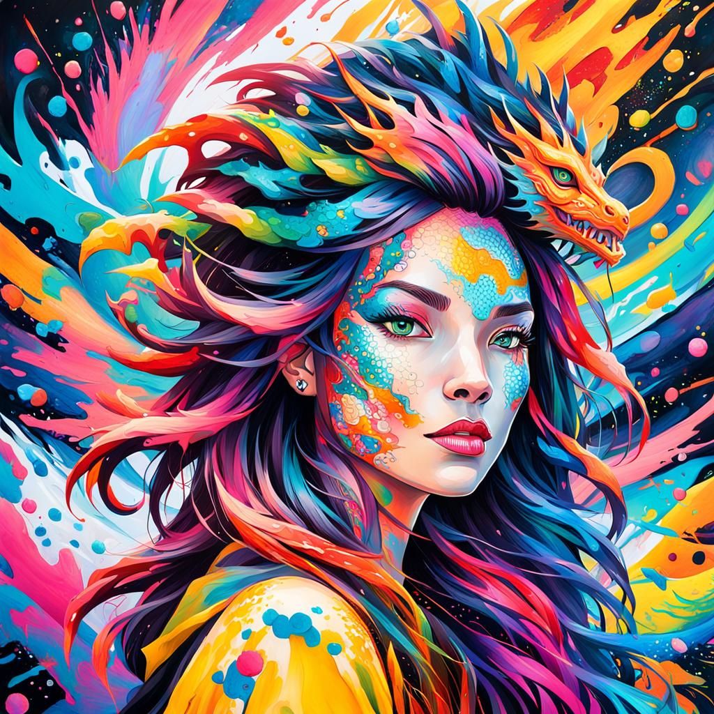 Dragon Girl Portrait in Vibrant Street Art