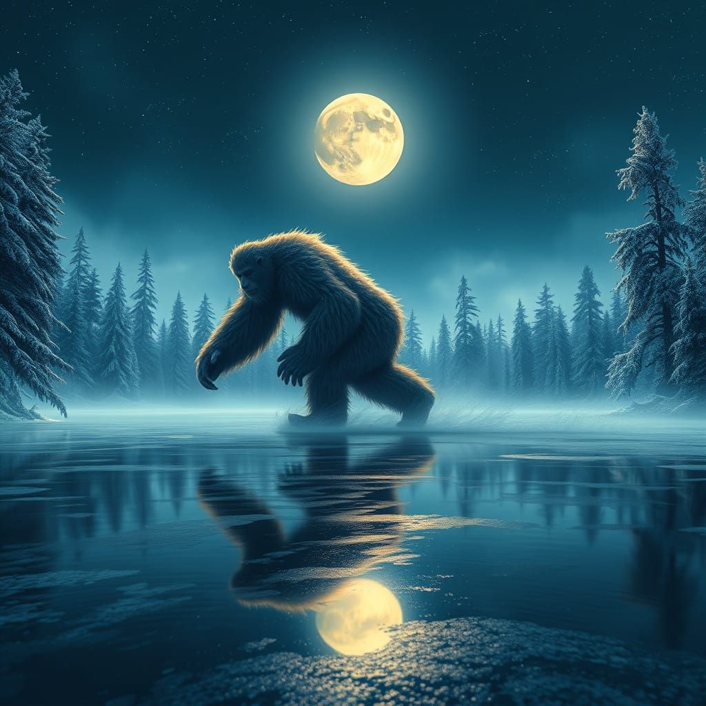 Majestic Sasquatch Glides Under Full Moonlit Sky