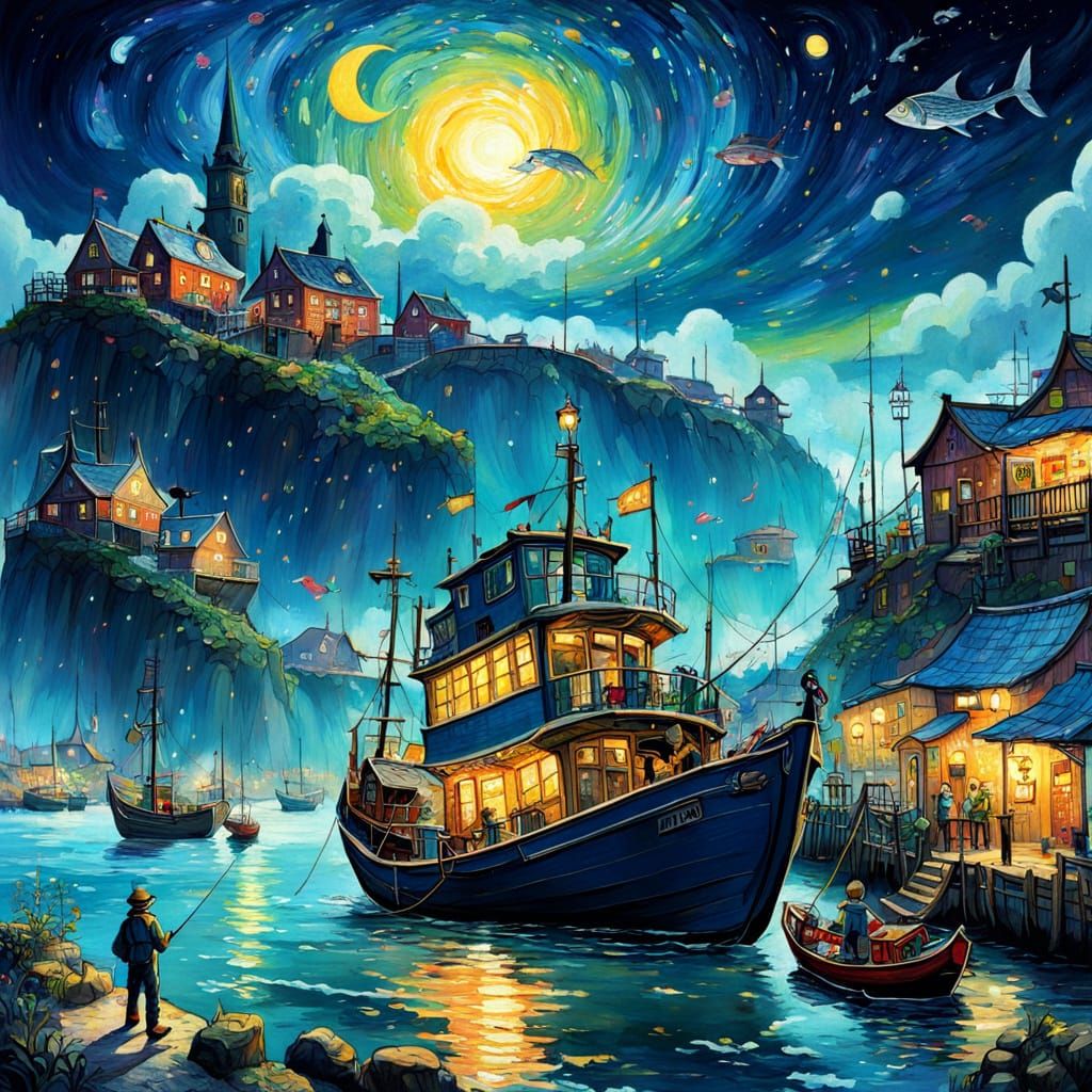 Whimsical Sci-fi Fantasy Scene in a Colourful Harbour