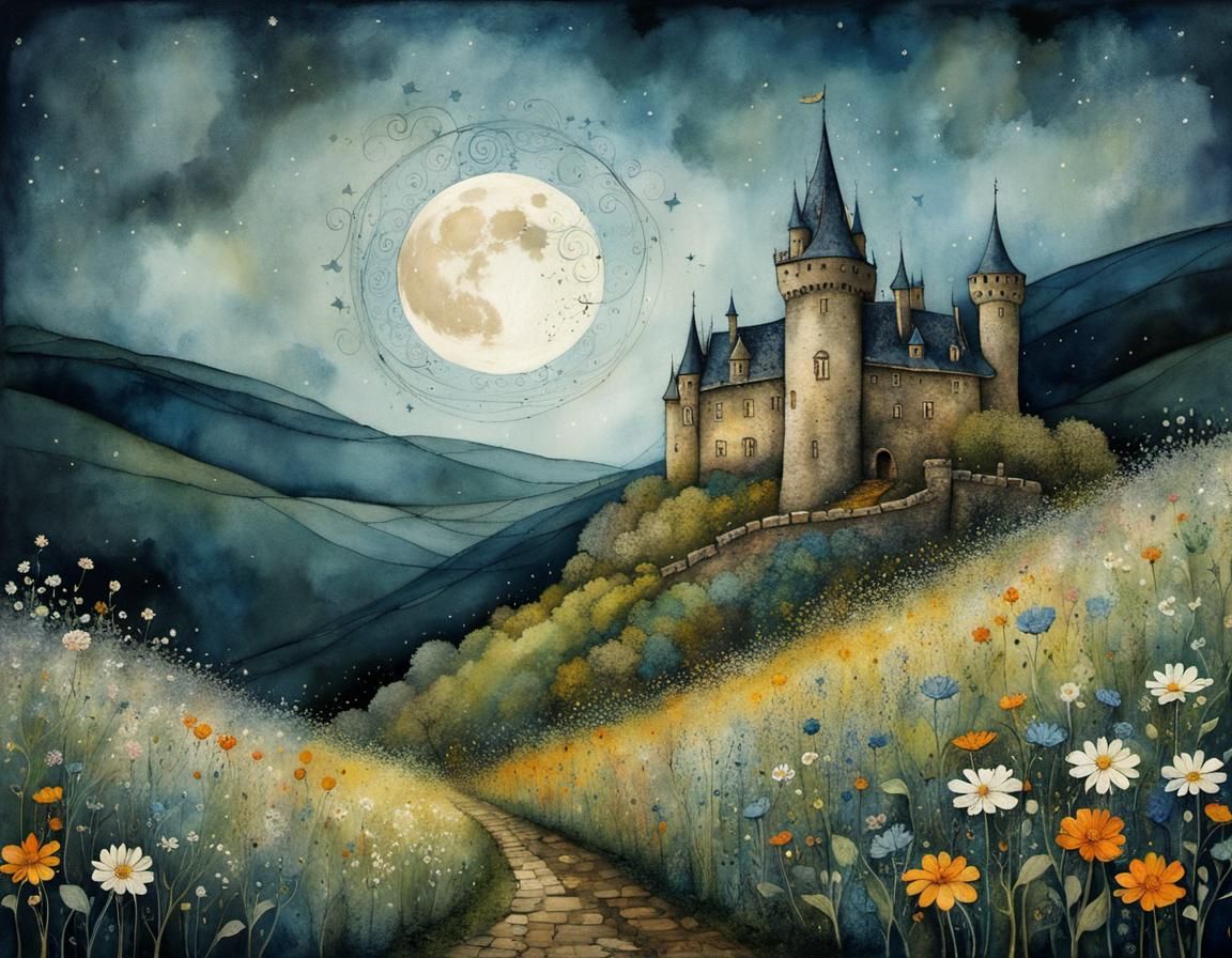 Magical Castle Garden Under Moonlight: Swedish Folk Art