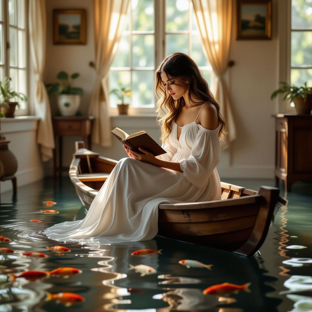 Girl Reading in Flooded Room, Hyperrealistic Style