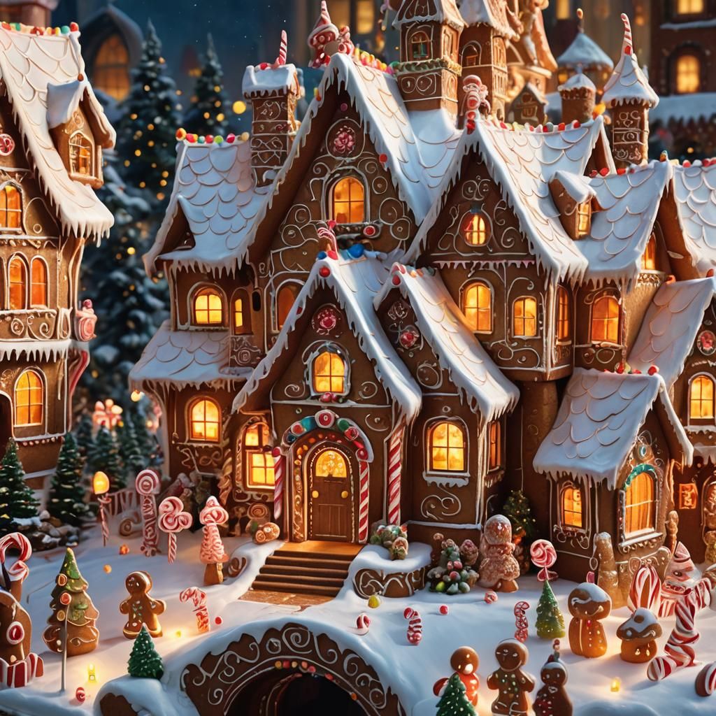 Awe-struck People Gaze at Gingerbread House: Digital Paintin...