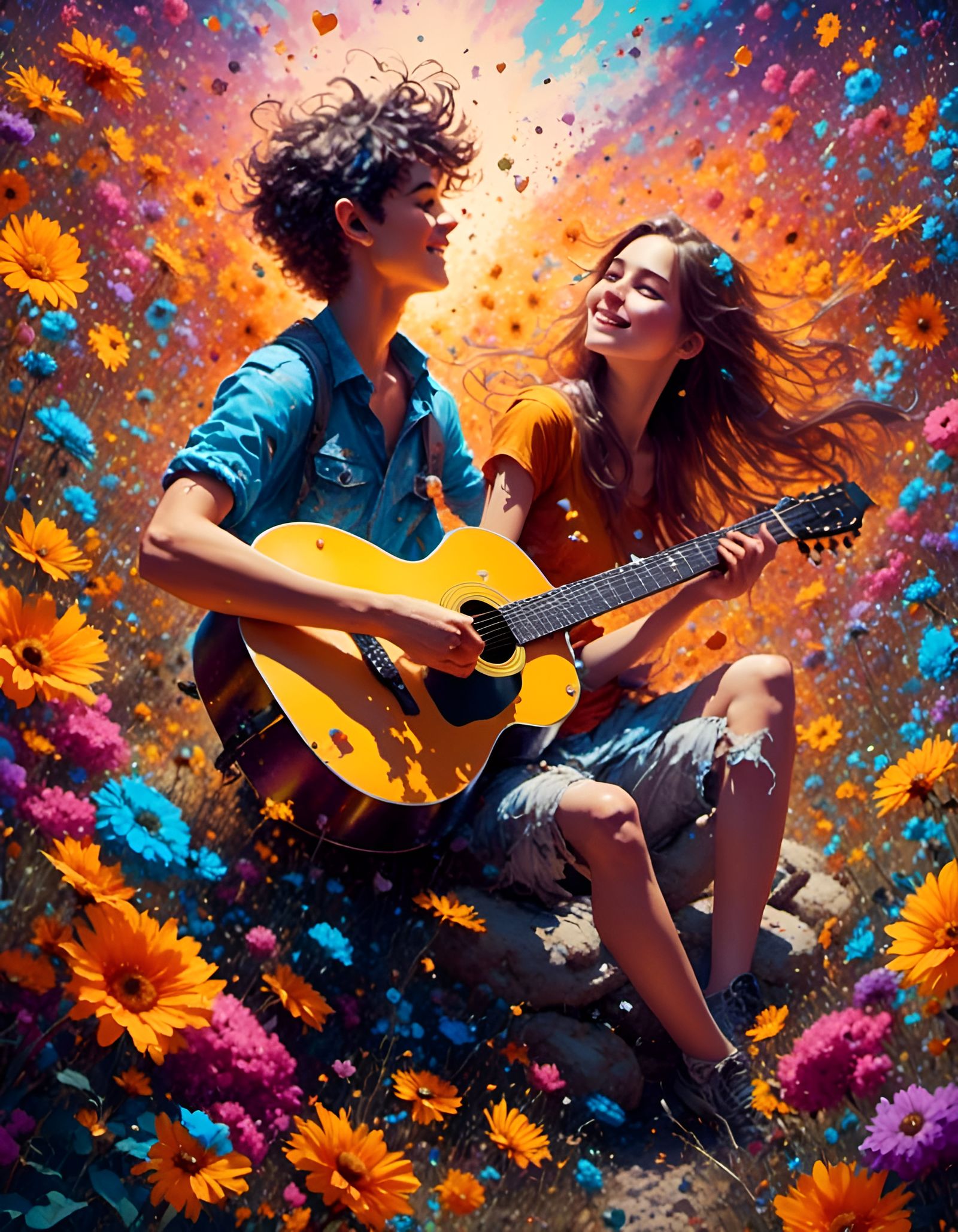 Boy Plays Guitar for Girl in Graffiti Art