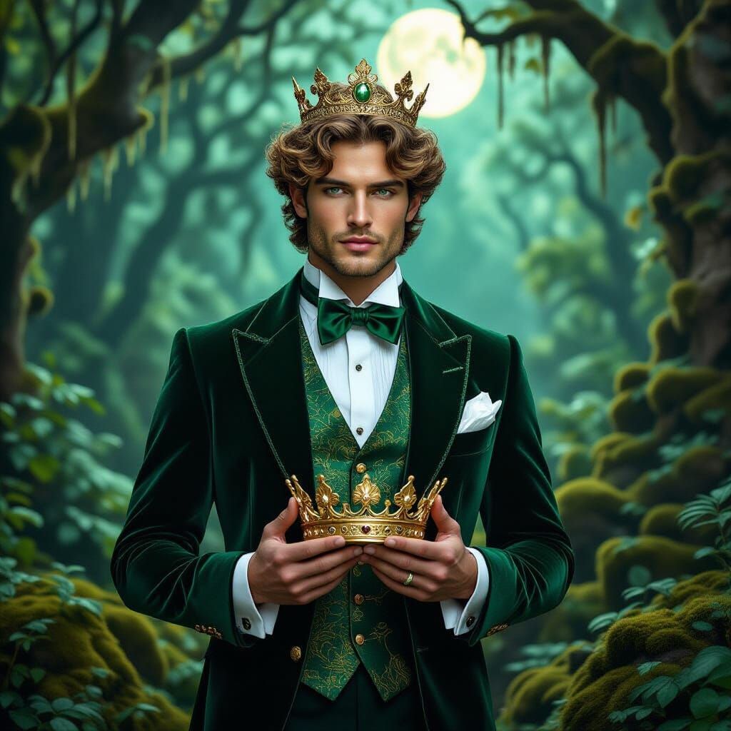 Handsome Prince with Green Skin in Enchanted Forest