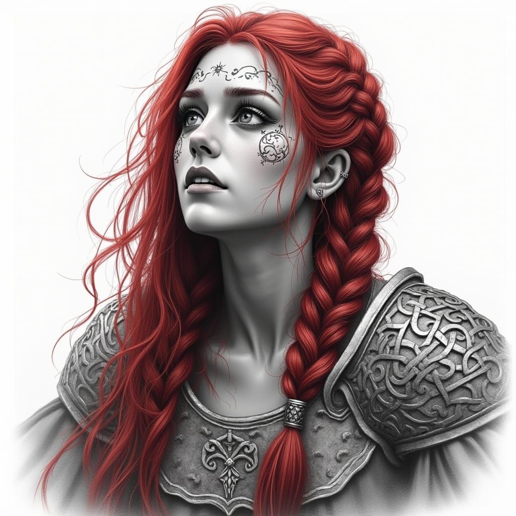A corpseified Celtic Woman, long red braid, intricate details on her clothing and skin