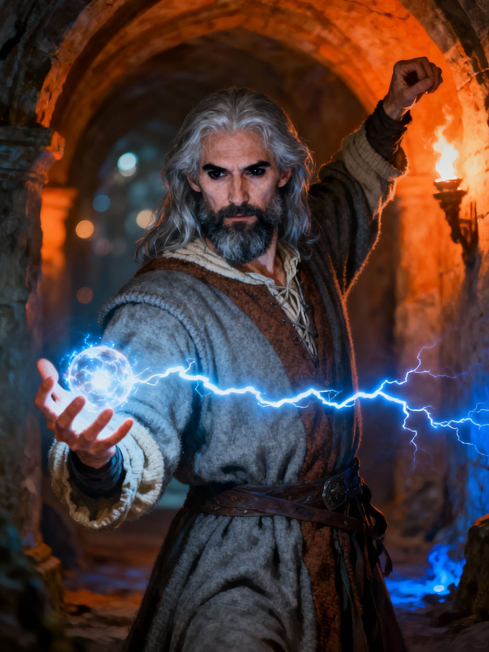 Wizard Conjures Lightning in Ancient Crypt
