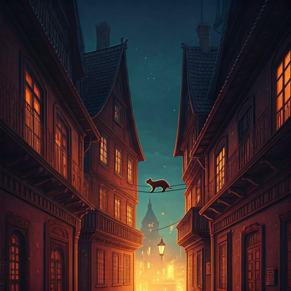 Cat Balancing Act in Mystical Cityscape