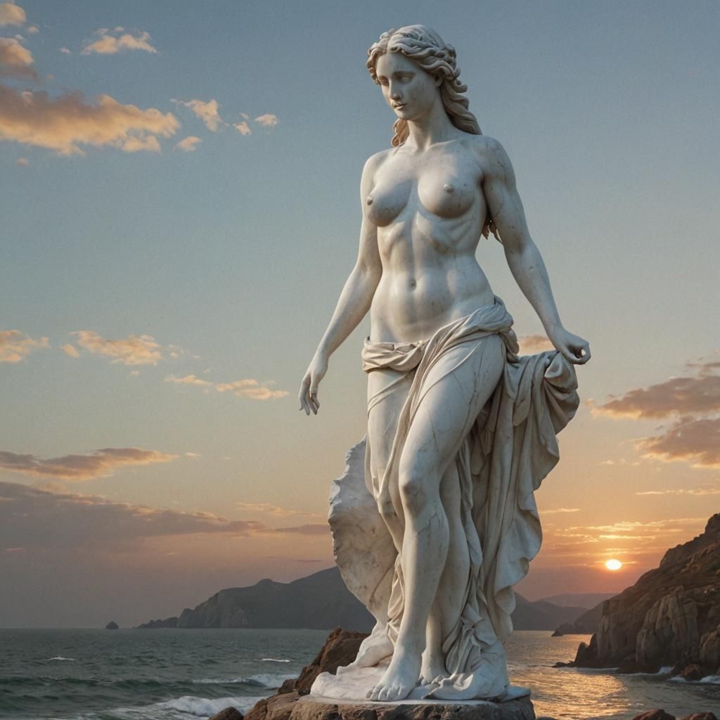 Renaissance-Inspired Marble Statue on Rocky Coast