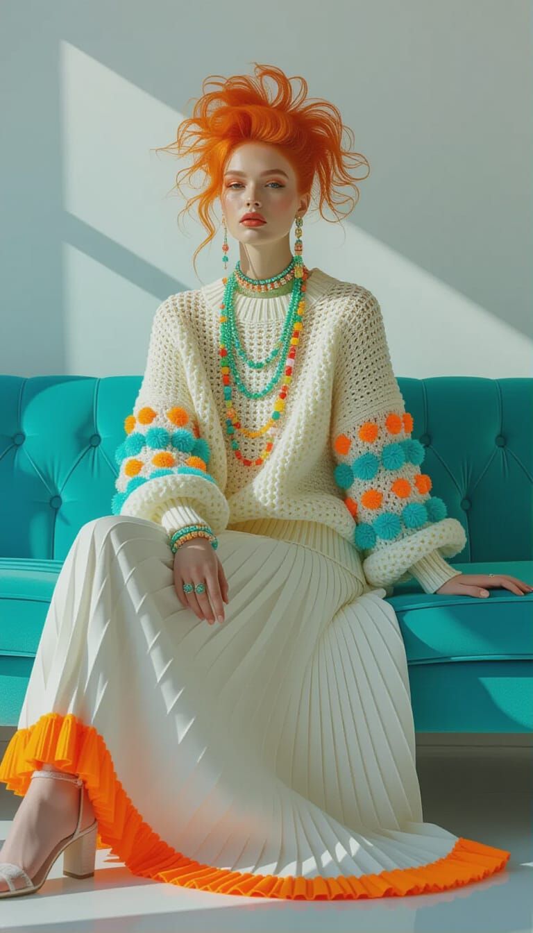 Model on Turquoise Couch with Dramatic Hairstyle and Knitted...
