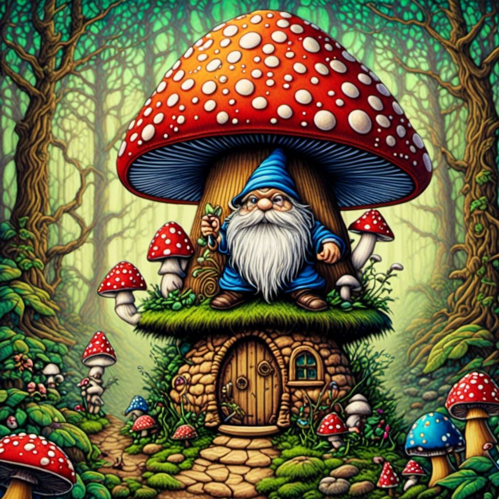 <lora:FarOut:1.0> whimsical pen and alcohol ink illustration of a gnome with  his hat covering his eyes, only his nose i...