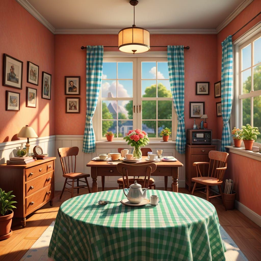 Vintage Gingham Print Family Scene in Bright 3D