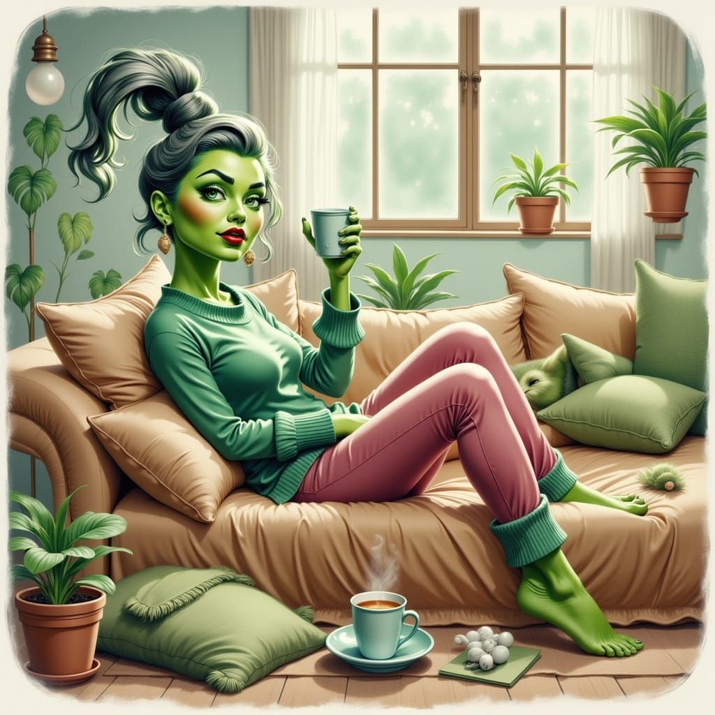 Cozy Female Grinch in Boho Living Room