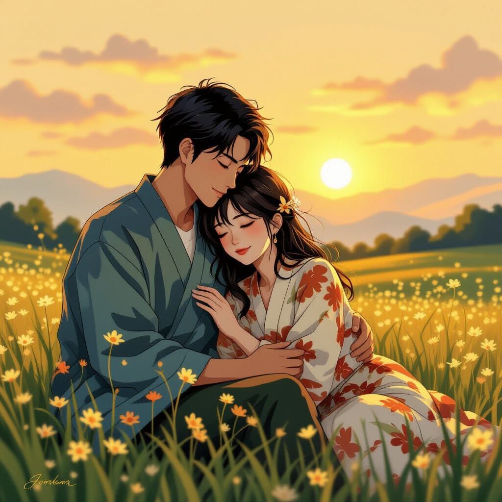 Yamato-e Sunrise Landscape with Golden Light