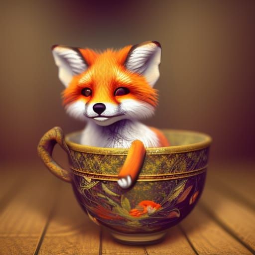 Cute Baby Fox in Teacup: Fantasy Concept Art