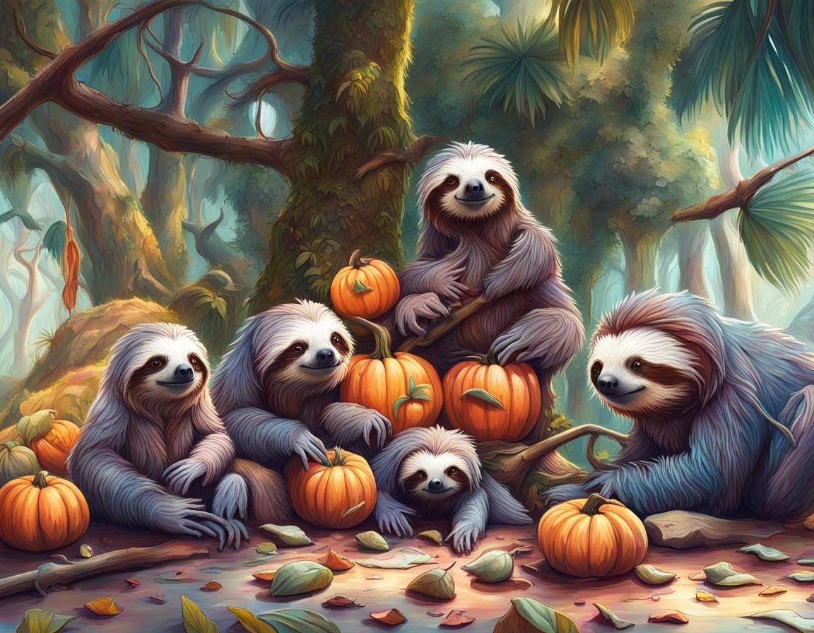 Sloth Family Carving Pumpkins in Jungle, Hyperrealistic Art
