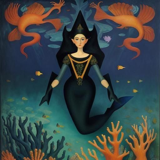 in the style of Remedios Varo, André Derain, Modigliani, fantastical interpretations of coral reefs, incorporating imagi...