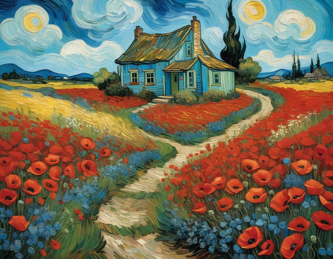 Poppy Field Painting in Impressionist Style