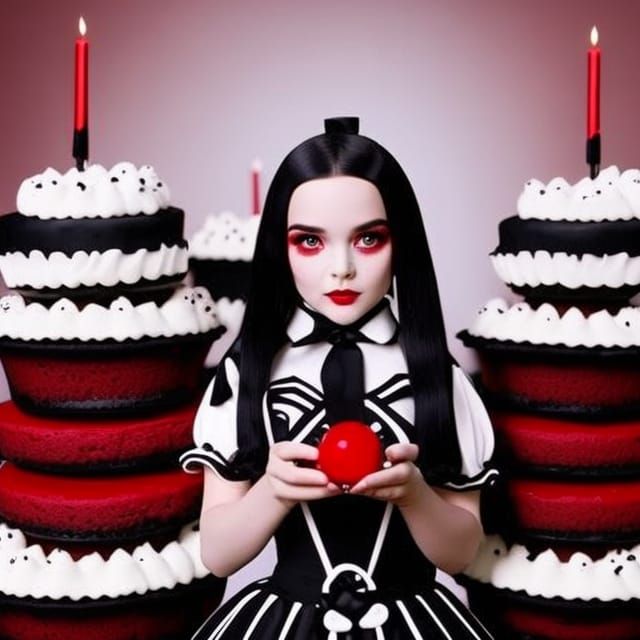 Wednesday Addams and Red Velvet Cake in Candyland