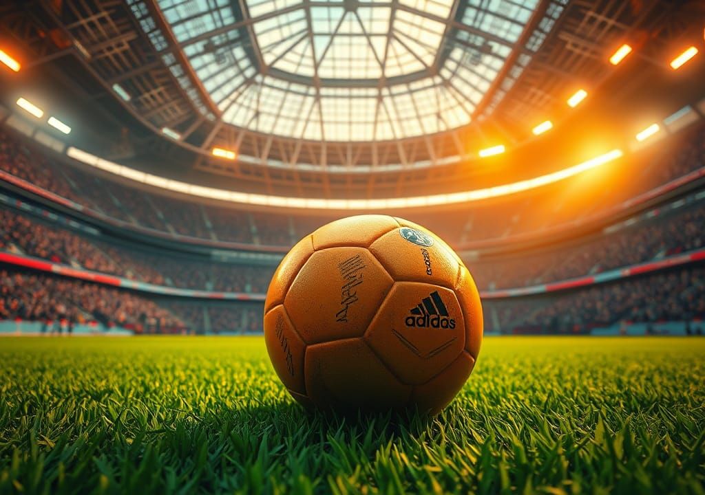 Soccer Ball on Green Field in Stadium, Digital Art