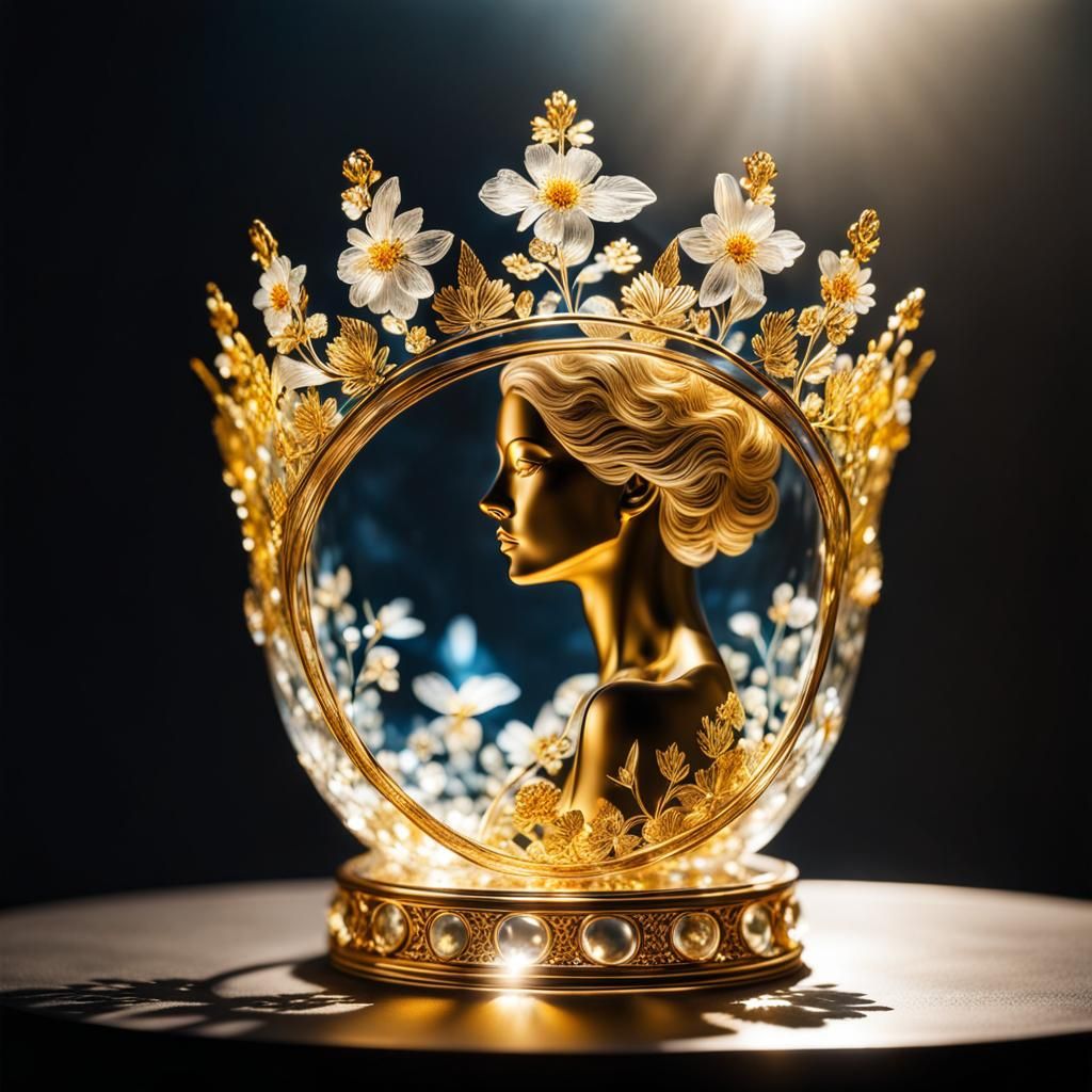 Glass Woman Sculpture with Golden Patterns and Flowers