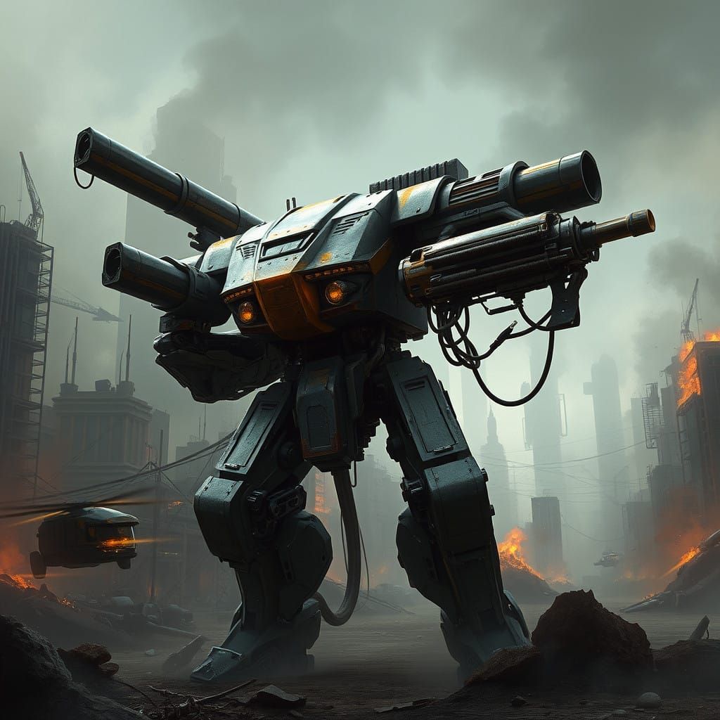 Gritty Futuristic War Robot in Ruins