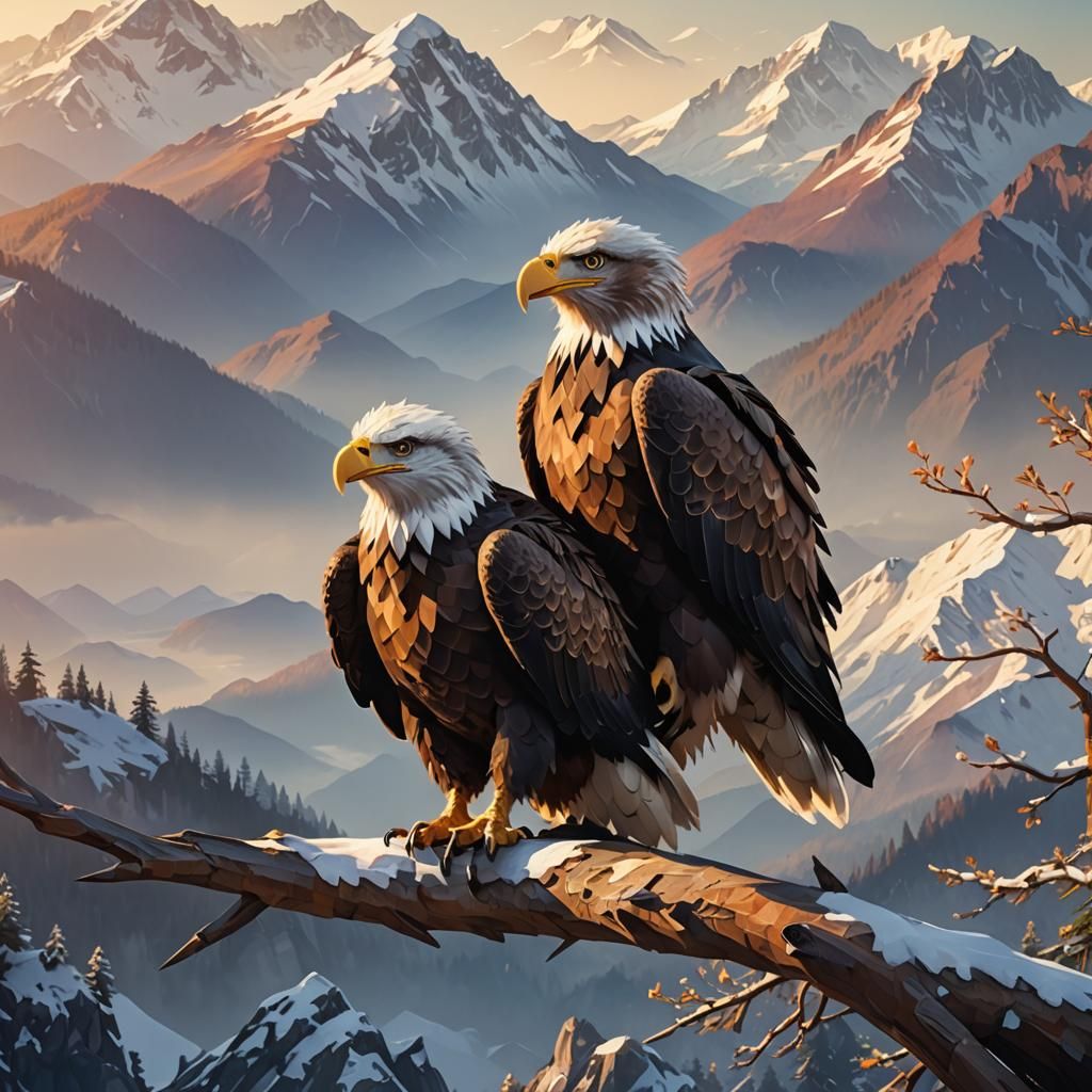Eagle Perched on Branch in Low-Poly Art Style
