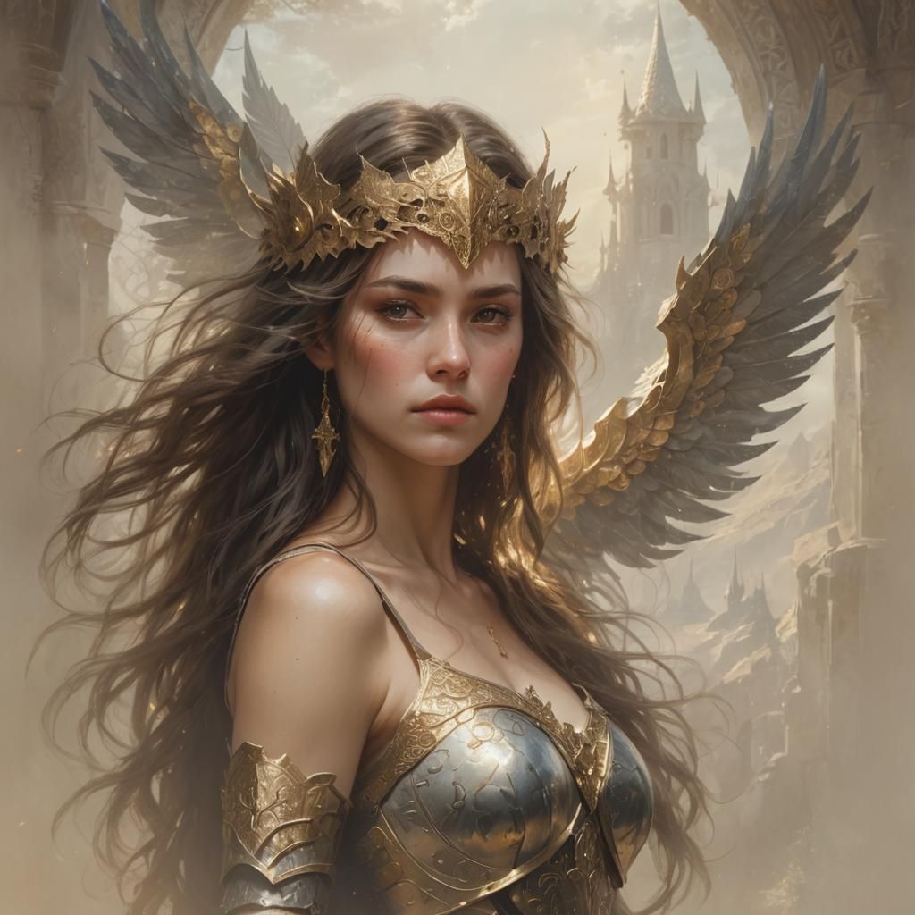 portrait of a woman in the style of   Boris Vallejo and Hans...