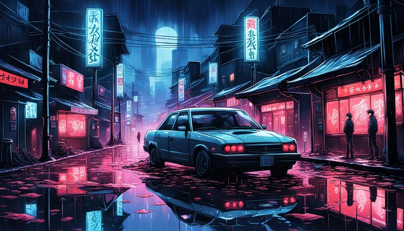 Neon Reflections on Blood: Anime-Style Night Scene