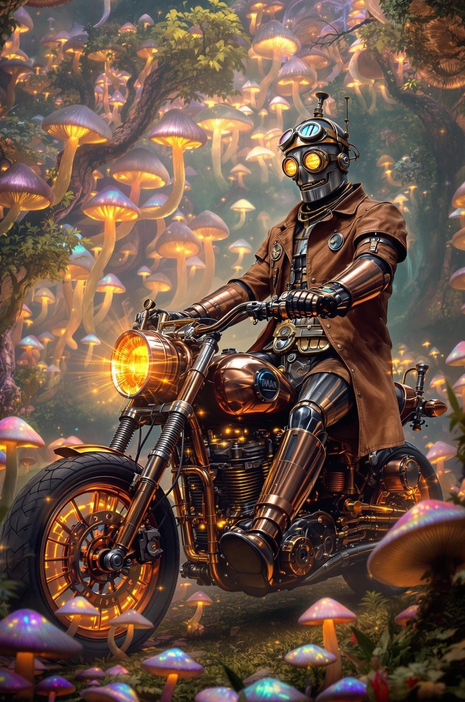 Steampunk Tin Man Rides Copper Motorcycle Through Glowing Mu...