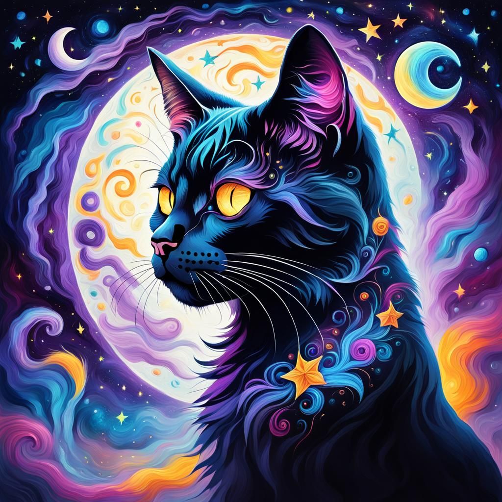 Cosmic Sugar Skull Cat in Vibrant Oil Painting